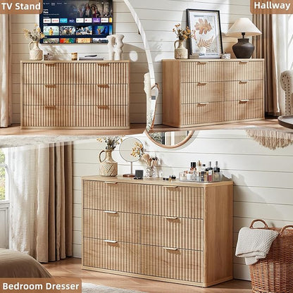 LEYAOYAO Fluted 6 Drawers Dresser, 48" Wide Modern Chest of Drawers with Woodgrain Top, Curved Profile Design, Dresser TV Stand, Wood Drawer Organizer for Bedroom, Living Room, Hallway,Wood
