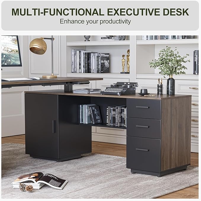 BANTI Executive L Shaped Standing Desk with 3-Drawer File Cabinet, 63" Electric Height Adjustable Stand up Desk for Home Office, Computer Desk with Storage Cabinets, Black Walnut Top