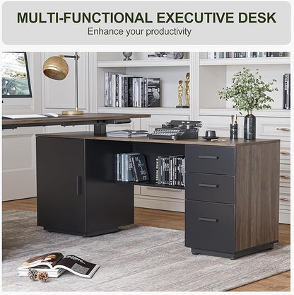 BANTI Executive L Shaped Standing Desk with 3-Drawer File Cabinet, 63" Electric Height Adjustable Stand up Desk for Home Office, Computer Desk with Storage Cabinets, Black Walnut Top
