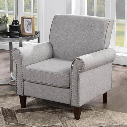 Prilinex Upholstered Living Room Chair Set of 4 - Large Comfy Fabric Accent Chair Single Sofa with Cushion, Rolled Armrest & Nailhead Trim, Mid Century Modern Armchair for Bedroom, Office, Grey