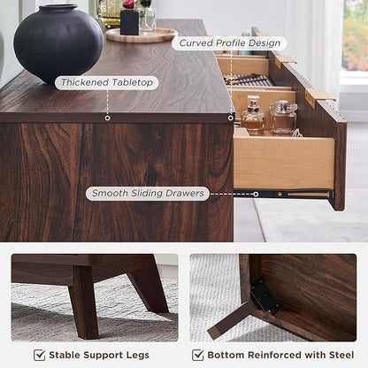 T4TREAM Fluted 9 Drawers Dresser, 54" Wide Modern Chest of Drawers, Curved Profile Design, Dresser TV Stand, Wood Drawer Organizer for Bedroom, Living Room, Hallway, Dark Walnut