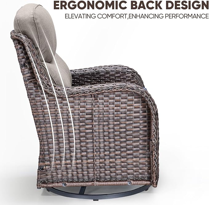 Swivel Patio Chairs sofa Set of 4 with 6" Thick Cushion - Wicker Outdoor Swivel Rocker Patio Chair with Side Table, High Back Comfortable Outdoor Glider Chairs - Brown Wicker | Grey Cushions