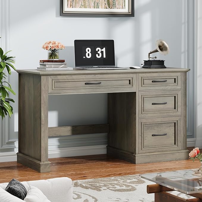 Vabches Farmhouse 47" Executive Desk, Computer Desk with Drawers and File Drawer, Workstation Computer Desk with Charging Station for Home Office,Study,（Dark Grey
