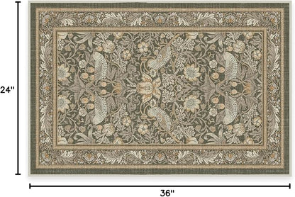 RUGGABLE x Morris & Co Machine Washable Area Rug – Strawberry Thief Stone Gold 2x3, Stain-Resistant, Non-Slip – Small Rugs for Living Room, Bedroom, Hallway, Entryway & Bathroom–with Standard Pad