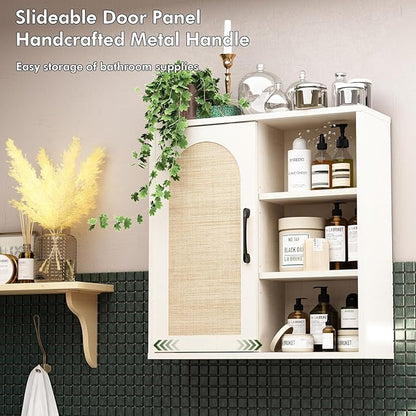 RUSTOWN Boho Rattan Wall Cabinet, Midcentury Bathroom Cabinet with Sliding Door, Adjustable Shelves, Over The Toilet Storage Cabinet (Vintage White)