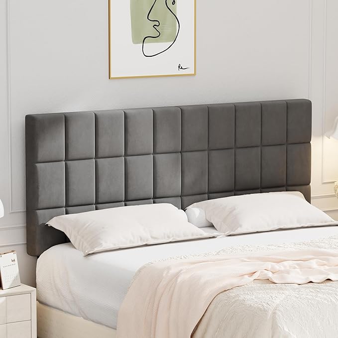 ALISH Velvet Tufted Headboard with Adjustable Height and Width, Foldable Upholstered Headboard with Metal Legs for King Size (Gray Velvet, Queen)