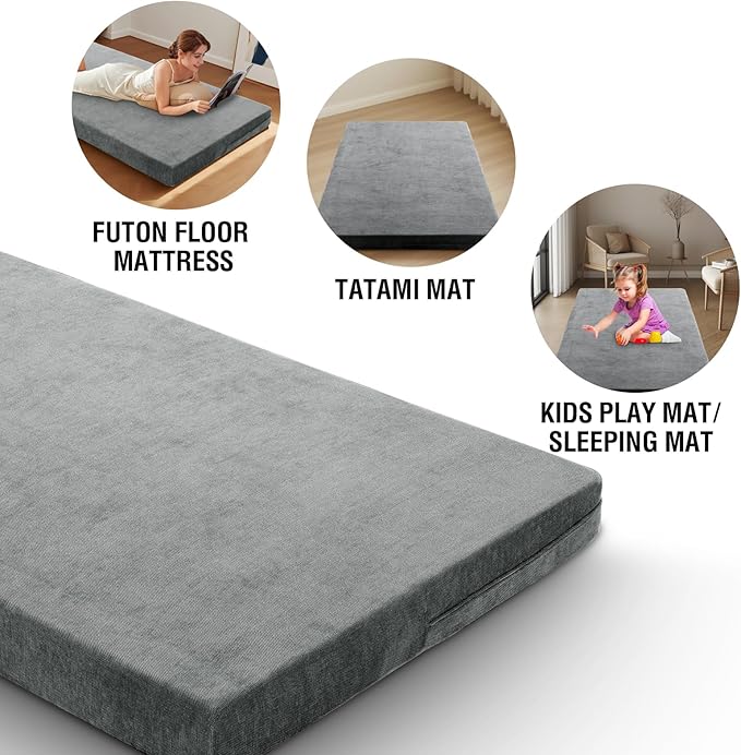 H.VERSAILTEX Full Size Armless Futon Mattress Covers for Traditional Japanese Futon Mattress Soft Chenille Couch Slipcovers Floor Mats Sofa Protector Zippered Sleeper Sofa Cover,Grey