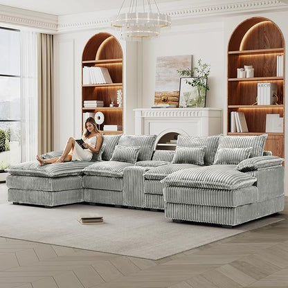 HYJT-H&K 124" U Shaped Cloud Couch Sectional, Comfy Fluffy Plush Corduroy Light Grey Sectional Couches for Living Room, Modern Modular Corduroy Couch Sectionals with Central Console & Double Chaise