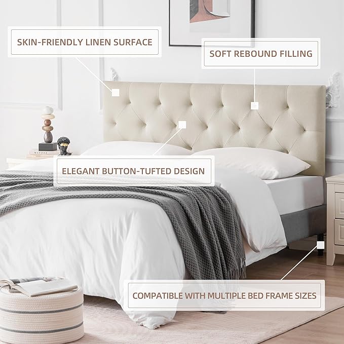 Linen Upholstered Headboard Twin Size, Diamond Tufting Solid Wood Twin XL Headboard Only, Adjustable Height from 37” to 51” Head Board, Dorm Bed Frame or Wall Mount Headboards, Beige