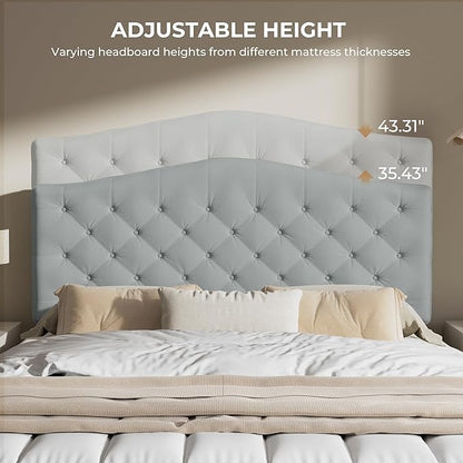 Upholstered Headboard Queen Size with 4" Thickened High-Density Sponge, Modern Button-Tufted Queen Headboard Only, Luxury Chenille Fabric, Adjustable Height, Easy Assembly, Grey