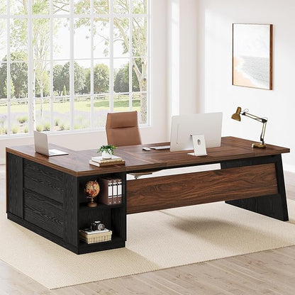 Tribesigns 78" L Shaped Executive Desk, Large Office Desk with Drawers and Storage Shelves, Modern Corner Computer Table Business Furniture for Home Office (Black & Brown)