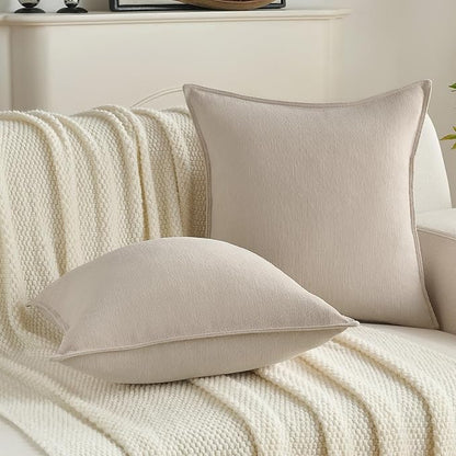 FUTEI Beige Chenille Throw Pillow Covers 26x26 Inch Set of 2,Edges Double-Stitched Euro Pillow Shams,Modern Home Decor for Couch Living Room