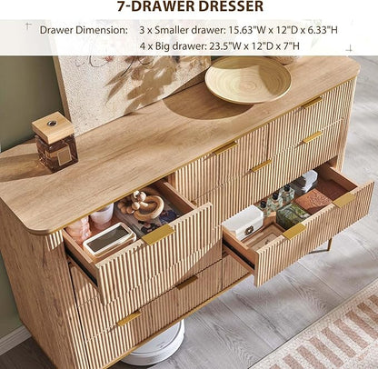 T4TREAM Fluted 9 Drawers Dresser, Modern Wooden Top Chest of Drawers with Curved Profile Design, Dresser TV Stand Drawer Organizers for Bedroom, Living Room, Hallway(Natural Oak)