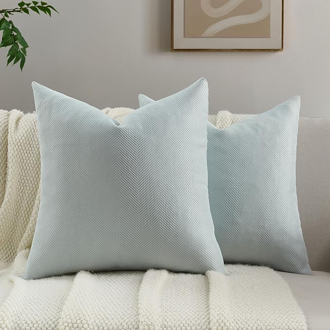 FUTEI Light Blue Chenille Throw Pillow Covers 18x18 Inch Set of 2,Soft Wide Chevron Textured Cushion Case,Farmhouse Home Decor for Couch Bed Living Room