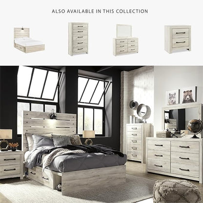 Signature Design by Ashley Cambeck Farmhouse Full Panel Platform Bed with 2 Storage Drawers, Cubbies, Sconce Light and USB Ports, Foundation or Box Spring Not Needed, Whitewash