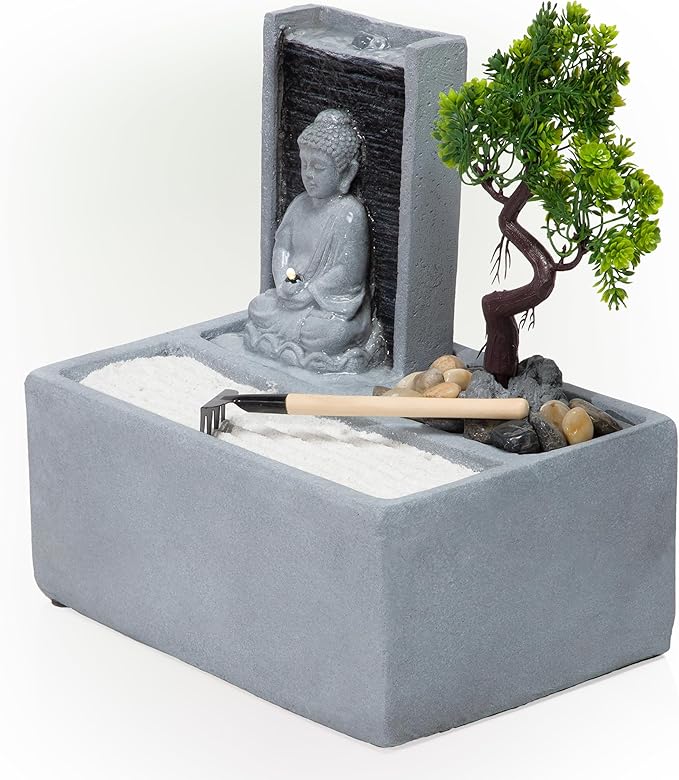 Alpine Corporation DIG278 13" Indoor/Outdoor Tabletop Fountain with LED Lights, Buddha Bonsai Garden Water Feature for Home, Patio & Desk Décor, Gray