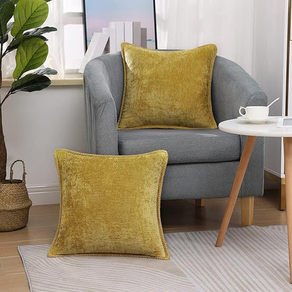 decorUhome Chenille Soft Throw Pillow Covers 16x16 Set of 2, Farmhouse Velvet Neutral Decorative Euro Pillow Covers with Stitched Edge for Couch Sofa Bed Home Decor, Mineral Yellow