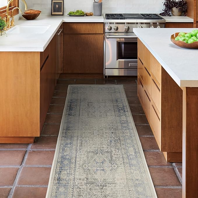 RUGGABLE Washable Vintage Area Rug – Kamran Blue Quartz 5x7, Stain-Resistant, Non-Slip – Medium Machine Washable Rugs for Living Room, Bedroom, Hallway, Entryway & Office–with Cushioned Pad
