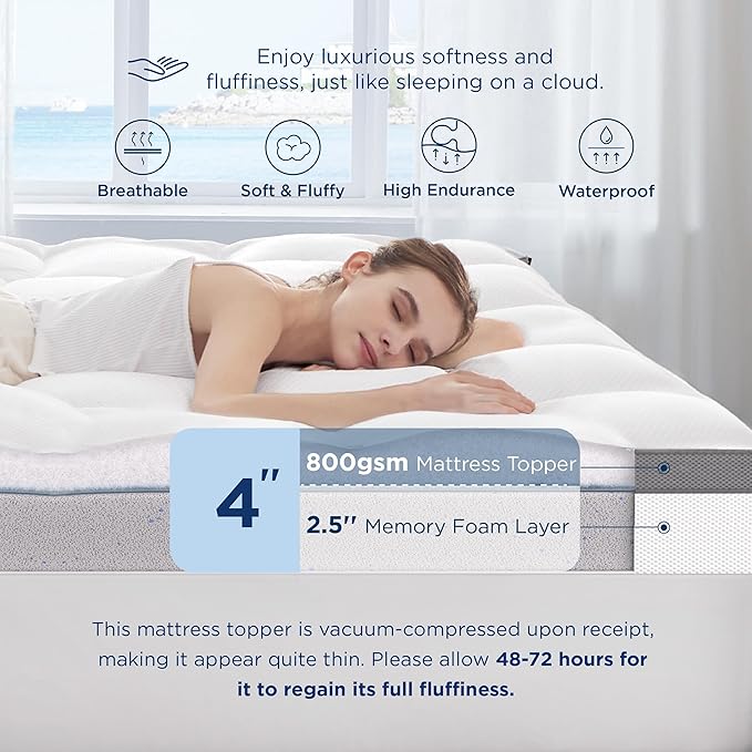 Bedsure 4 Inch Memory Foam Mattress Topper Full Size, Dual Layer 2.5 Inch Gel Memory Foam & 800 GSM Waterproof Pillow Top Cooling Mattress Pad with 8-21 Inch Deep Pocket
