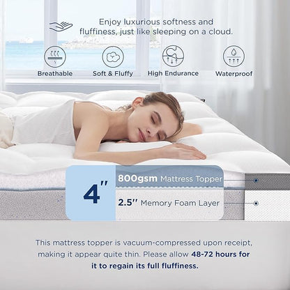 Bedsure 4 Inch King Size Mattress Topper, Dual Layer 2.5 Inch Gel Memory Foam & 800 GSM Waterproof Pillow Top Cooling Memory Foam Mattress Topper with 8-21 Inch Deep Pocket (King, 78x80 Inches)