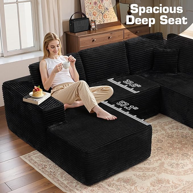 Weaxty Boneless Sectional Couch, U Shaped Modular Cloud Couches with Chaise, Plush Corduroy Memory Foam Deep Seat Floor Sofa, No Assembly Required，Black