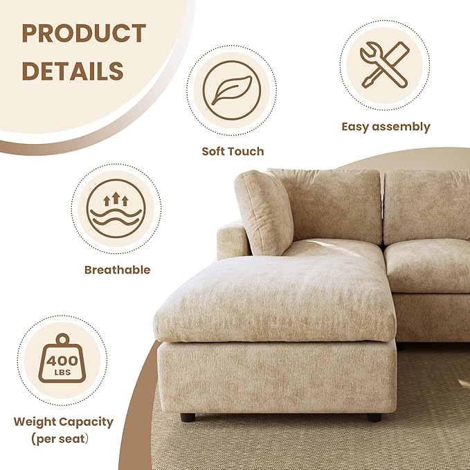 WJShome U Shaped Sectional Couch 134 Inch 4-Seater Modern Modular Sofa with 2 Ottoman,Chenille Deep Seat Couches for Living Room, Bedroom and Apartment，Khaki