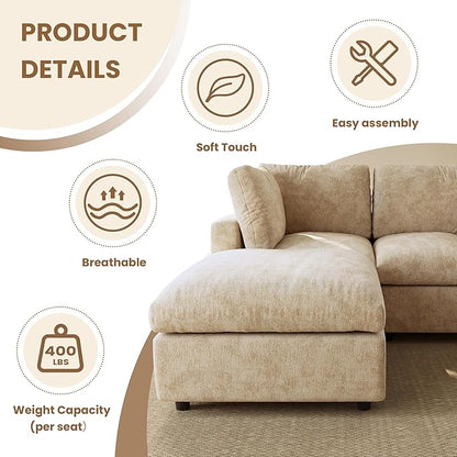 WJShome Modular Sectional Cloud Couch Modern L Shaped Sofa with Ottoman, 100 Inch 3-Seat Chenille Deep Seat Couches for Living Room, Bedroom and Apartment，Khaki