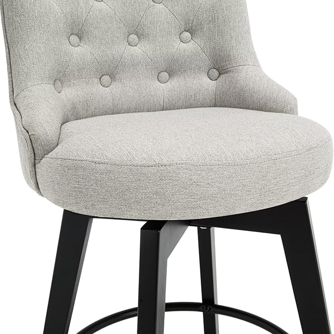 MINCETA Set of 4 Upholstered Bar Stools - 26 Inch Swivel Counter Height Stools with Low Tufted Back, Footrest & Performance Fabric - Round Seat for Kitchen Island & Home Bar Gray and Beige