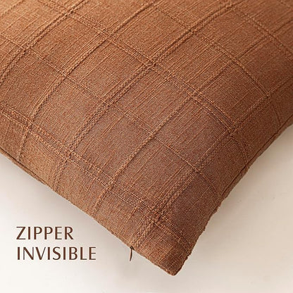Foindtower Set of 2 Decorative Linen Check Throw Pillow Covers Neutral Farmhouse Vintage Cushion Covers Modern Boho Home Decor for Sofa Chair Couch Bedroom Living Room,22×22 Inch,Orange