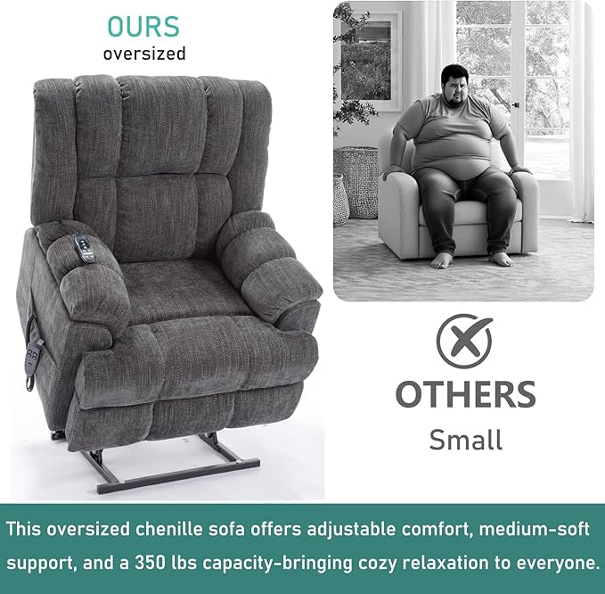 Power Lift Recliner Chair for Elderly, Oversized Chenille Electric Recliners Chairs for Living Room, Dual Motor 180° Lay Flat Recliner Big Sofa with Massage and Heating, Heavy-Duty, Grey