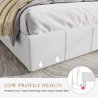 SHA CERLIN King Size Bed Frame, Velvet Upholstered Platform Bed, Vertical Channel Tufted Adjustable Headboard, Low Profile Bed Frame, No Box Spring Needed, Easy Assembly, White