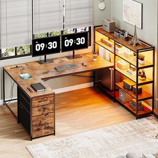 Sedeta L Shaped Desk with Storage Shelves, 64.5'' Reversible U Shaped Office Desk with 3 Fabric Drawers, Gaming Desk with Power Outlet & LED Strip, Rustic Brown