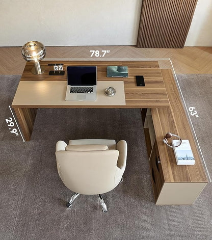 L-Shaped Executive Desk with Lockable Drawers – 79" Modern Large Executive Office Desk with LED, Lateral File Cabinet, Built-In Cable Box, Privacy Panel & Storage Shelves for Home or Business, Right