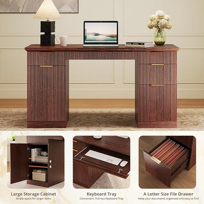 FURSUN 58" Fluted Modern Desk with Storage, Home Office Desk with 1 File Cabinet & 5 Drawers, Wood Executive Computer Writing Desk for Study, Living Room, Bedroom(Dark Walnut)
