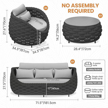 Aluminum Woven Rope Patio Furniture Set: 5 Pieces Assembled Outdoor Conversation Sofa Set for 6 - Modern Metal Couch Set Cushioned - All Weather Porch Seating for Deck Garden Lanai Hotel Resort