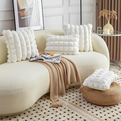 Neelvin Cream White Faux Fur Cozy Soft Plaid Decorative Throw Pillow Covers 20x20 inch Set of 2,Velvet Pillowcase Cushion Case for Sofa Couch