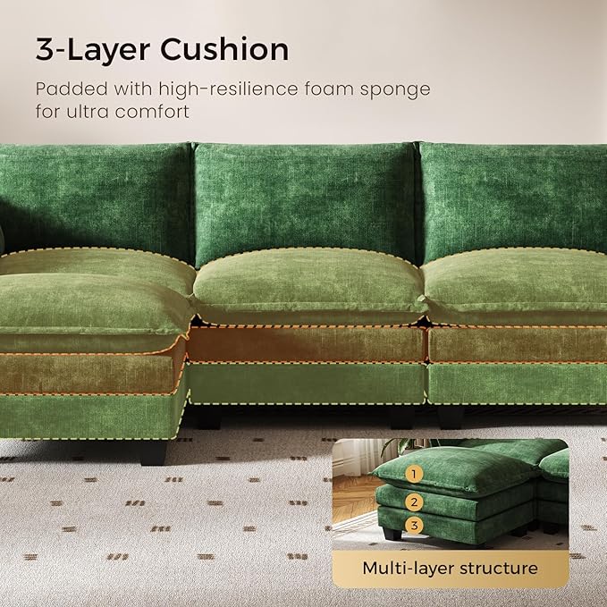 KKL 91.3" Modular Sectional Sofa, L-Shaped 4 Seater Cloud Couch with Ottoman, Chenille Modern Sectional Couches for Living Room, Apartment, Green