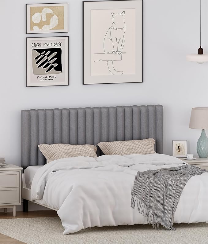 Full Size Upholstered Headboard Only, Channel Tufted Headboard with Wood Legs for Bedroom, Adjustable Height, Easy Assembly, No Box Spring Needed, Grey