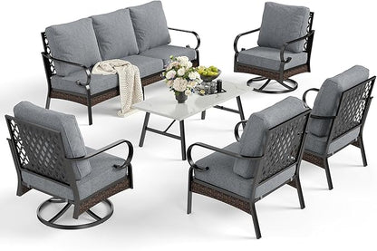 6 Piece Metal Outdoor Patio Furniture Set, Patio Conversation Set - 1 3-Seater Sofa and 2 Swivel Sofas with 5.75" Thick Cushions & Coffee Table - Black and Gray Backyard Furniture