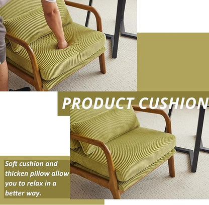 Karl home Mid-Century Modern Accent Chair, Living Room Chairs with Pillow Corduroy Upholstered Lounge Armchair with Solid Wood Frame & Soft Cushion for Bedroom, Reading Room, Green