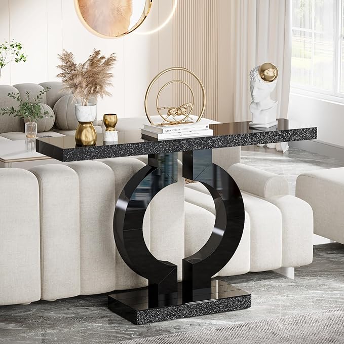 Tribesigns Modern Mirrored Console Table, Glass Sofa Table with Mirror Finish, 43-Inch Entryway Table with O-Shaped Base, Rectangular Accent Foyer Table for Living Room Hallway Entrance (Black)