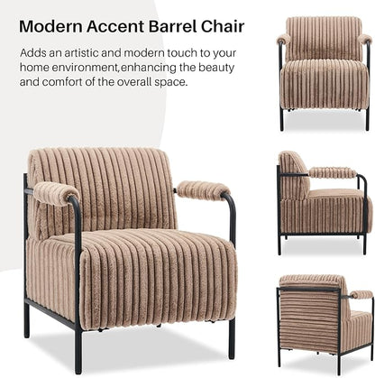 Modern Accent Lounge Chair Velvet Tufted Textured Upholstery Vertical Stitching Metal Frame Ergonomic Reading Chair for Living Room Bedroom Stylish Compact Cozy Design (Light Brown)