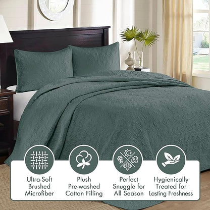 Madison Park King Bedspread Set Reversible Damask Quilted Oversized Coverlet, Cotton-Filled Quilts Oversized, All Season, Lofty & Warm Bedspread, Quebec, Balsam Green 3 Piece