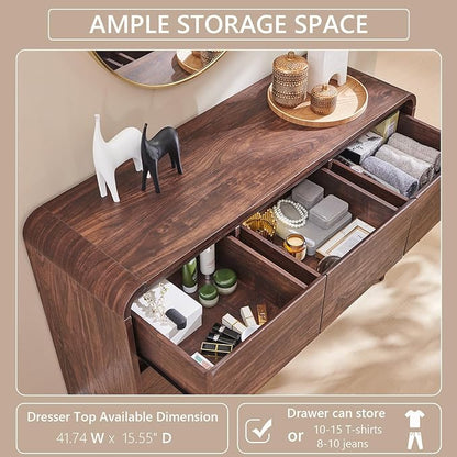 Modern 7 Drawers Dresser for Bedroom, 47" Wide Wood Dressers & Chests of Drawers w/Curved Profile Design, Mid Century Modern Dresser w/Natural Texture for Bedroom, Living Room, Brown