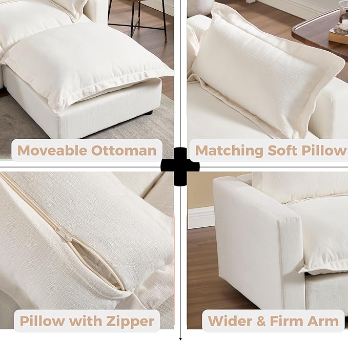chairus 68" Love Seat Sofa with Ottoman Upholstered Linen Deep Seat Couch with Pillow Modular Oversized Couch Sleeper for Living Room, Bedroom, Reception Room, Apartment, 2-Seater/White