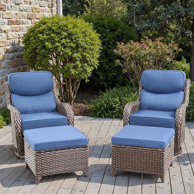 Swivel Patio Chairs sofa Set of 4 with 6" Thick Cushion - Wicker Outdoor Swivel Rocker Patio Chair with Side Table, High Back Comfortable Outdoor Glider Chairs - Brown Wicker | Blue Cushions