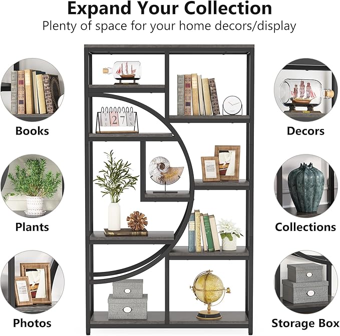 Tribesigns Bookshelf Industrial 5 Tier Etagere Bookcase, Freestanding Tall Bookshelves Display Shelf Storage Organizer with 9-Open Storage Shelf for Living Room, Bedroom, 2 Pack (Gray, 2 Pack)