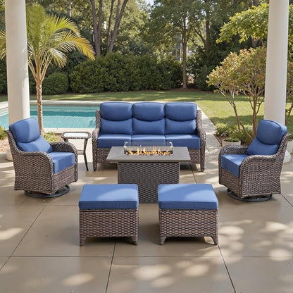 Belord Luxury 6" Thick Cushioned 7 Pieces Patio Furniture Set with Fire Pit Table, Wicker Outdoor Conversation Set with High Back Swivel Rocker Chairs for Deck Porch Yard and Poolside - Brown+Blue