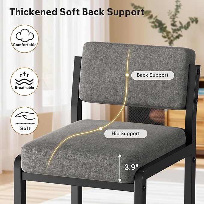 Bar Stools Set of 3, Fabric Counter Height Bar Stools with High Back and Metal Legs, Upholstered Bar Chairs, 26" Modern Barstools for Kitchen Island, Grey