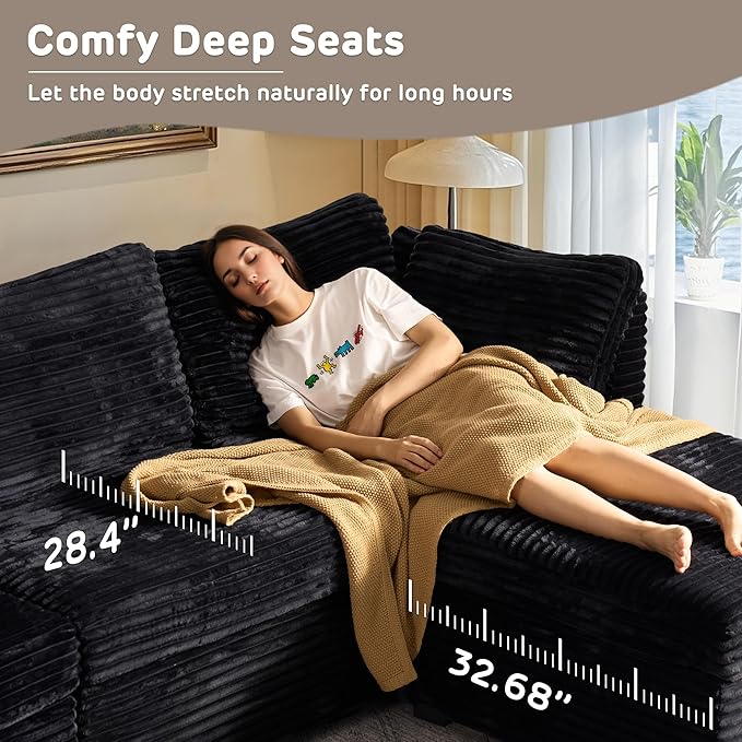 130" Modular Sofa with Swivel Chair & Ottoman, Modern Cloud Sectional Couch Plush Corduroy 5 Seater Deep Seat Sofas Set & Accent Armchair for Living Room, Black